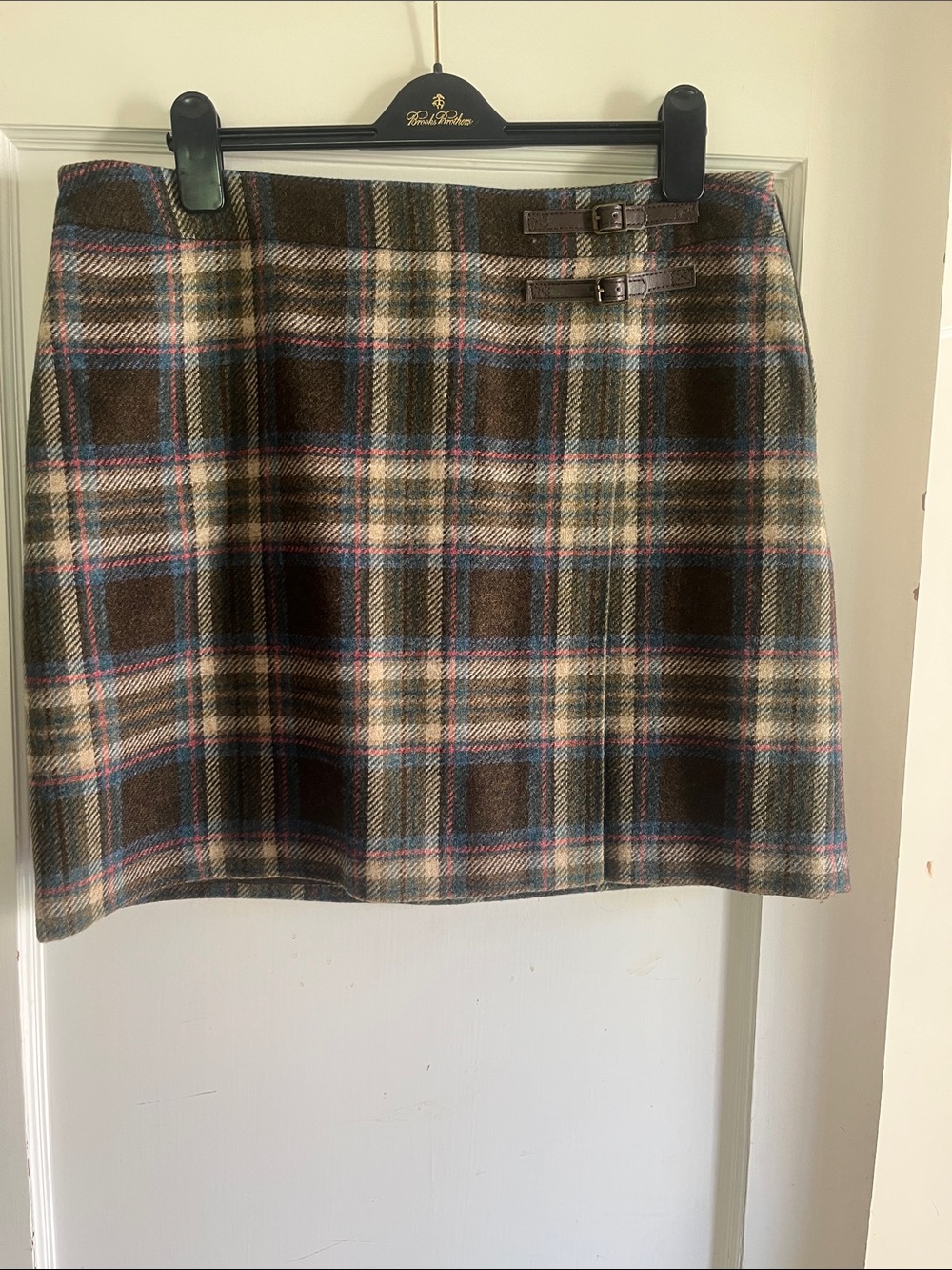 Boden Brown, Cream, Blue & Pink Plaid Mini Skirt with Double Buckle Straps
